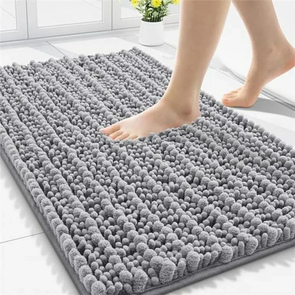 Grey Chenille Bath Mat 30x20 Soft Microfiber Bathroom Rug Non Slip Absorbent